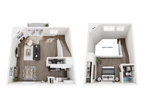 Floor plan for 1 bed, 1.5 baths, 750 sqft